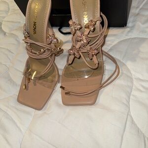 Fashion Nova Beige Heels lace up with butterflies (Brand New, Never Worn)